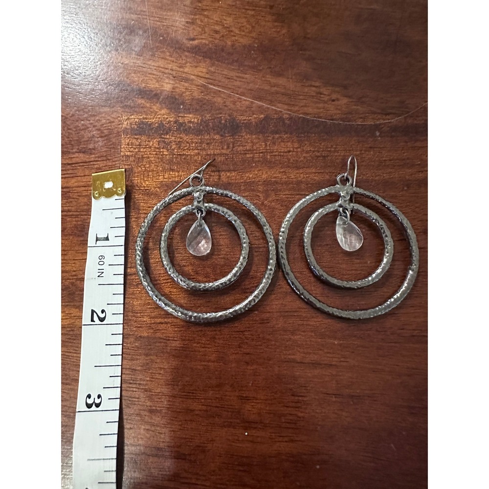 Statement Earrings Open Circle Dangle Drop Clear Bead Silver Tone Fashion